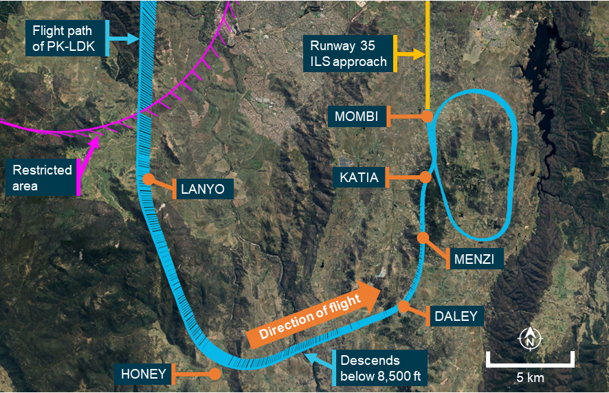 A satellite image overlaid with the aircraft's flight path for the arrival. The location of the restricted area, the arrival waypoints and ILS approach are annotated.