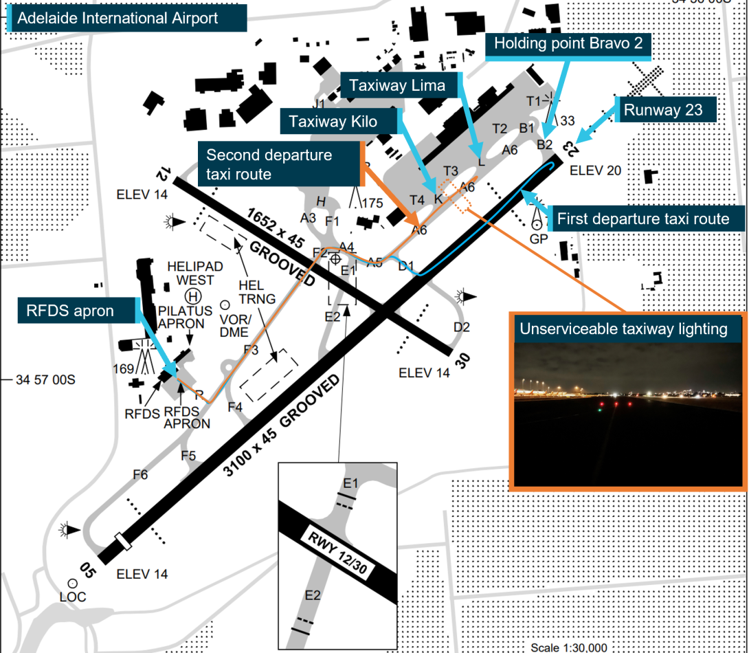 Adelaide Airport diagram annotated by the ATSB to show the aircraft taxi path for both flights. It also shows the position and a picture of the 3 red unserviceability lights.