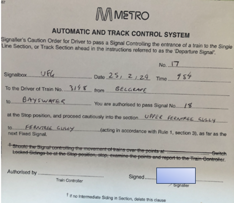 Figure 14: Caution order provided to the driver of train 3148