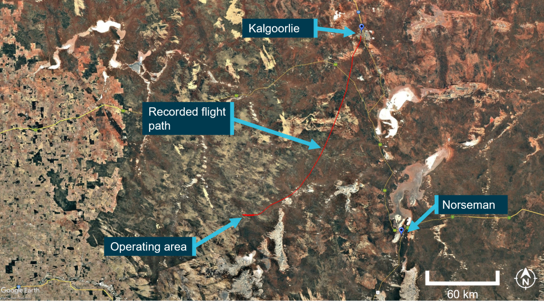 The figure shows VH-JVR's operating area and recorded flight path in relation to Kalgoorlie and Norseman.
