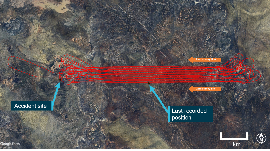 The figure shows the survey flight path overlaid on a satellite picture (excluding the transit from Kalgoorlie).
