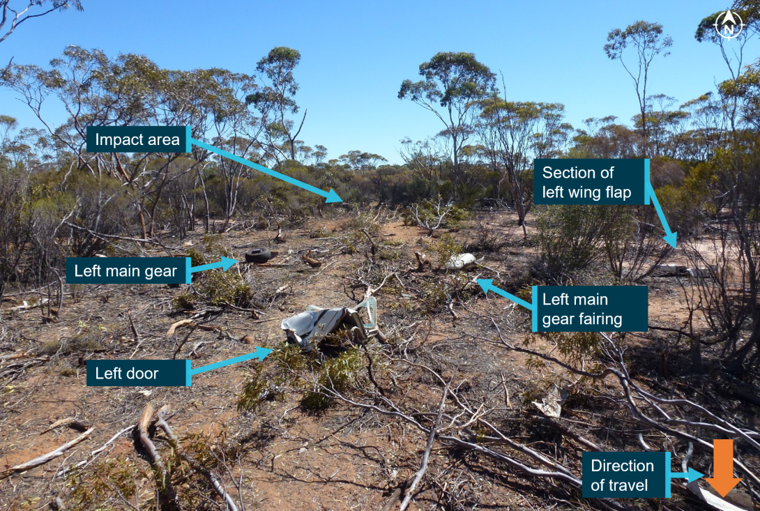 The figure shows the wreckage trail looking north towards the point of impact.